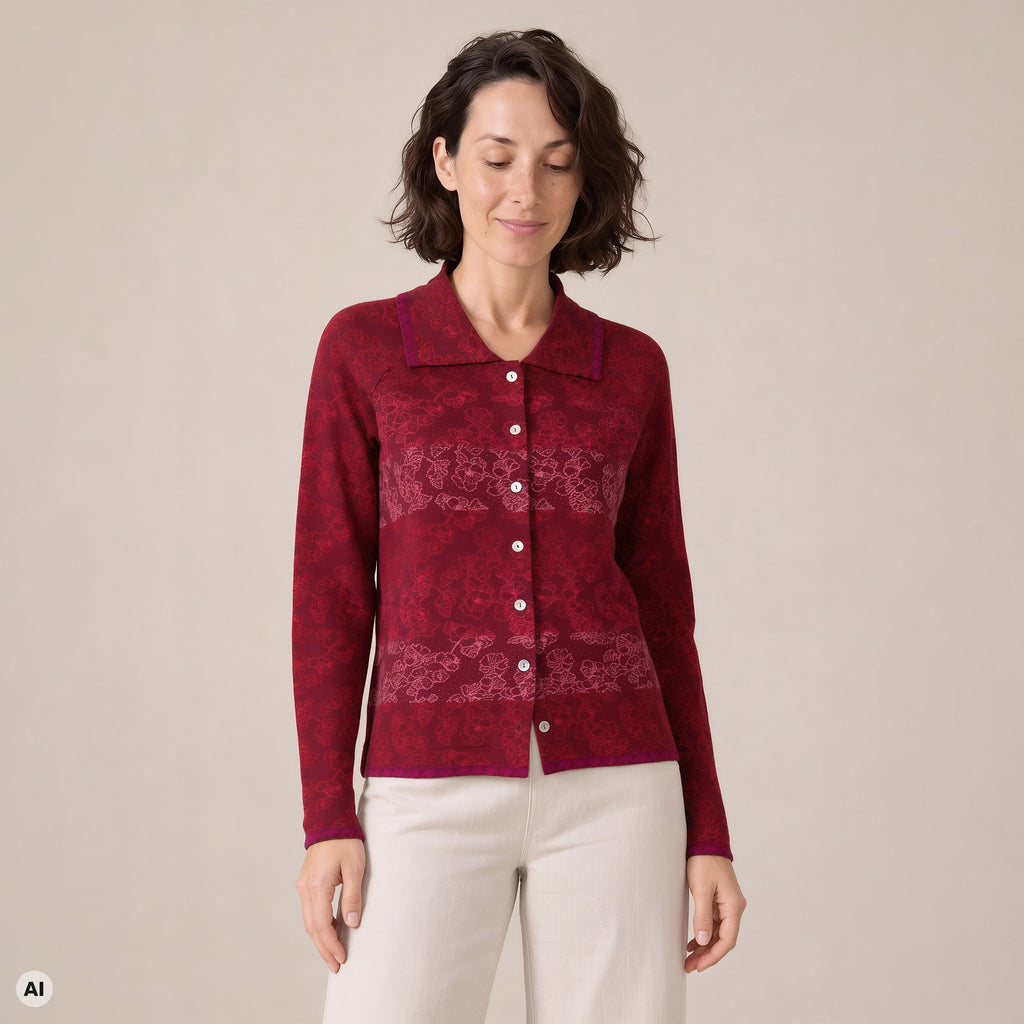 Jacke mit Kragen rot – Vorderansicht, mit KI bearbeitet
