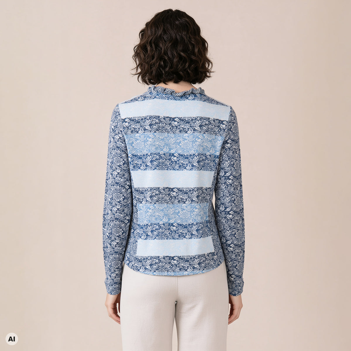 Jacke mit Wienernaht blau – Rückansicht, mit KI bearbeitet
