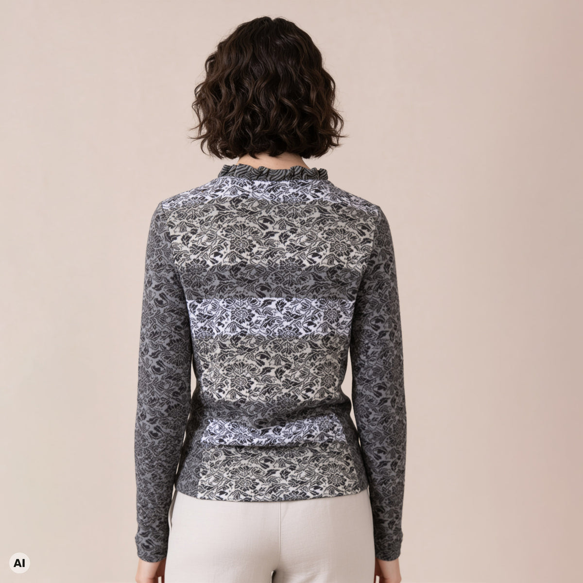 Jacke mit Wienernaht grau – Rückansicht, mit KI bearbeitet