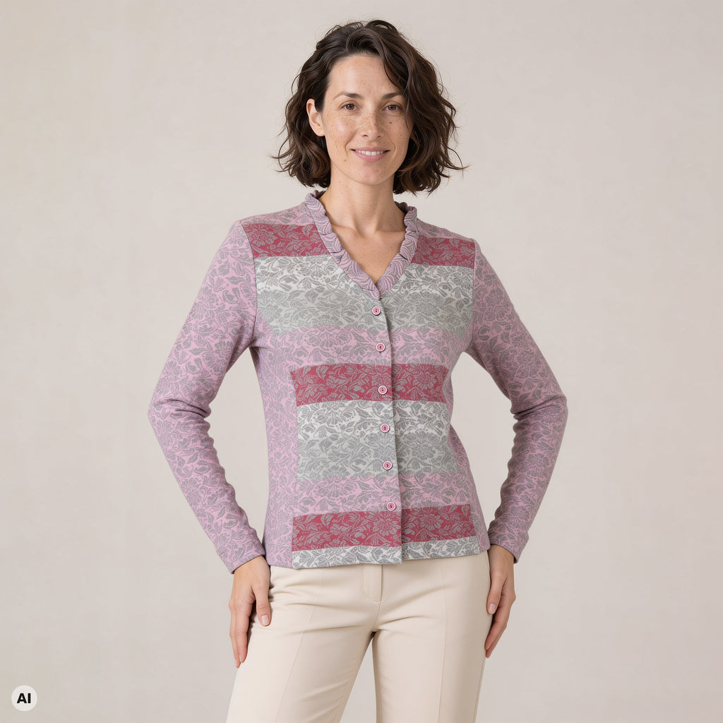 Jacke mit Wienernaht rosa – Vorderansicht, mit KI bearbeitet