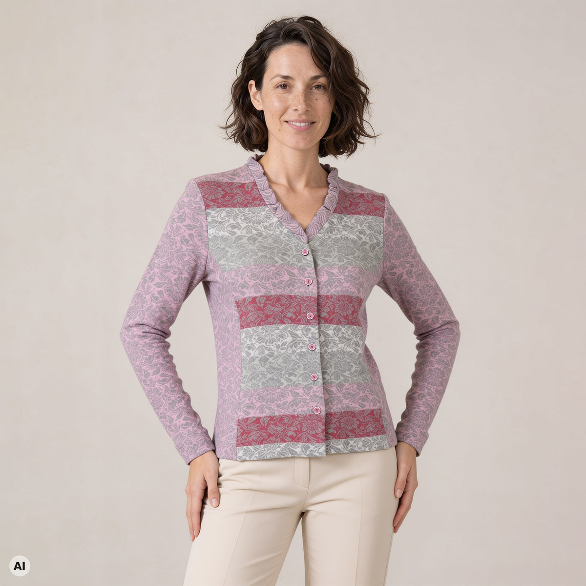 Jacke mit Wienernaht rosa – Vorderansicht, mit KI bearbeitet