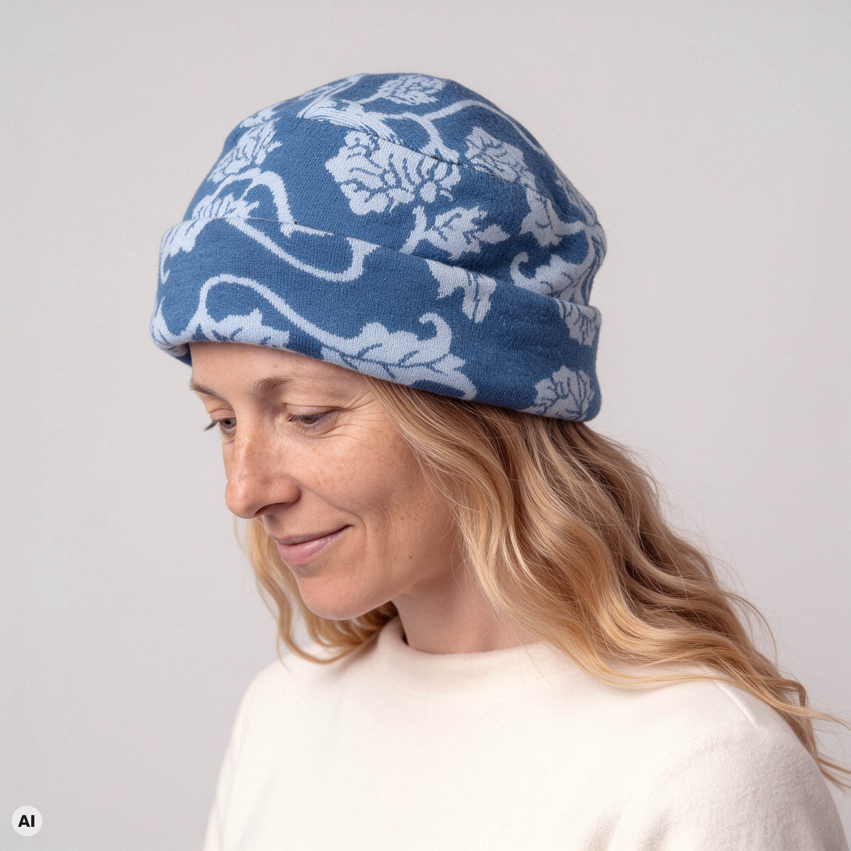 Kappe klassik blau – Nahaufnahme, mit KI bearbeitet