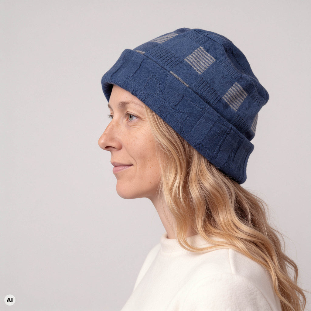 Kappe klassik blau – Nahaufnahme, mit KI bearbeitet
