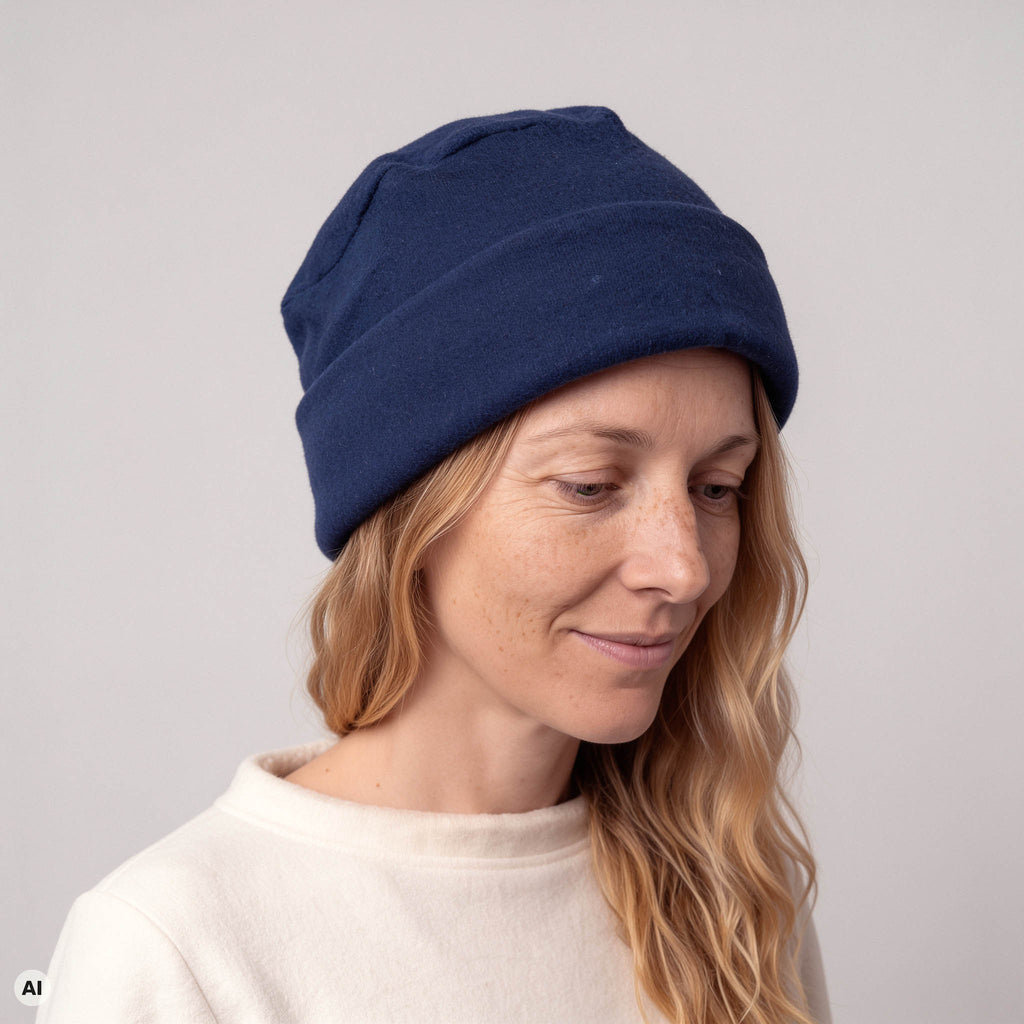 Kappe klassik blau – Nahaufnahme, mit KI bearbeitet