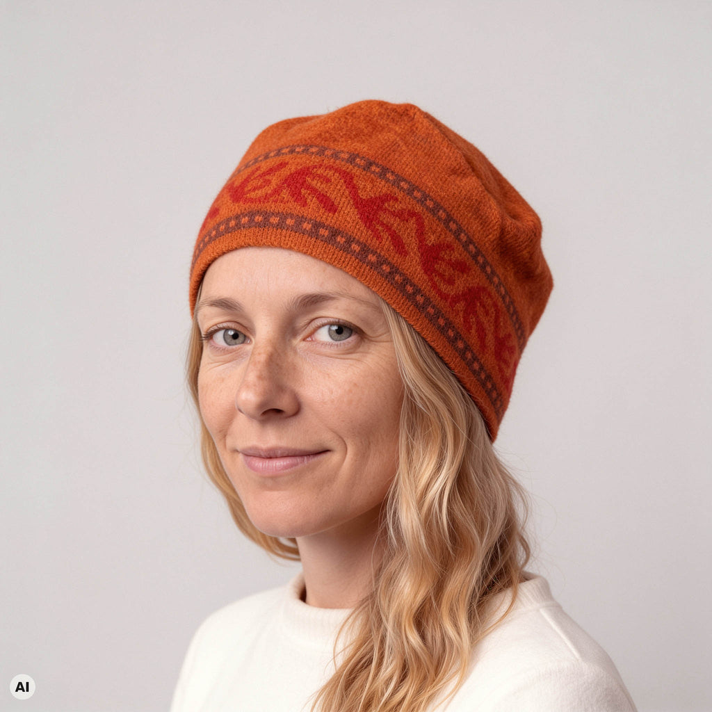 Kappe klassik orange – Nahaufnahme, mit KI bearbeitet