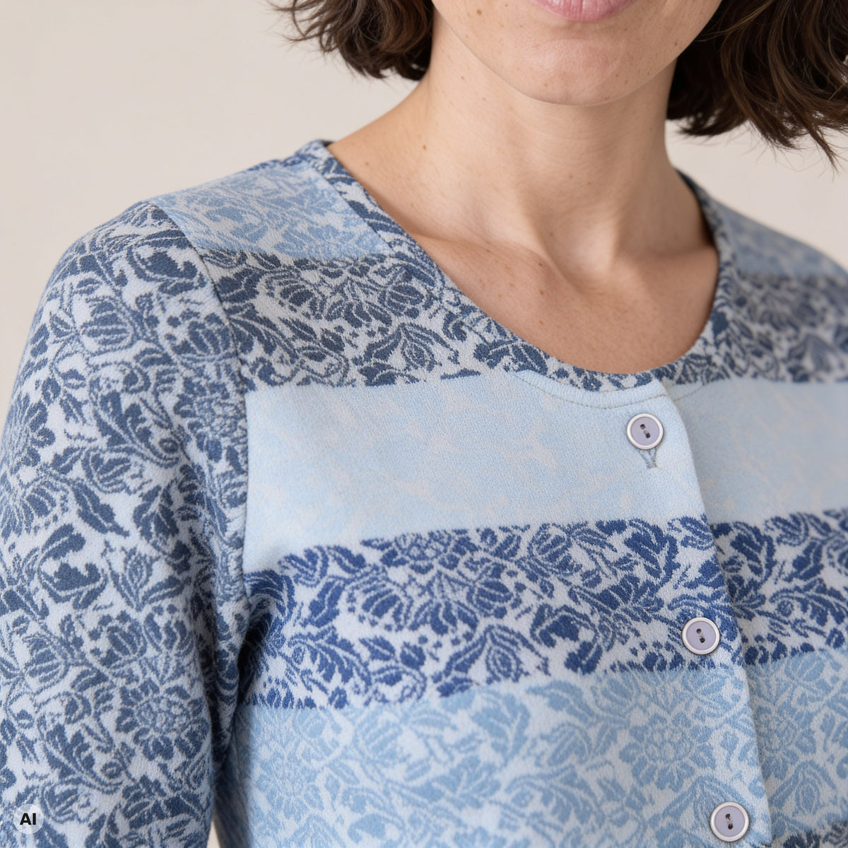 klassische Jacke blau – Detailansicht, mit KI bearbeitet