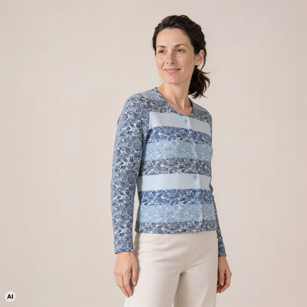 klassische Jacke blau – Vorderansicht, mit KI bearbeitet