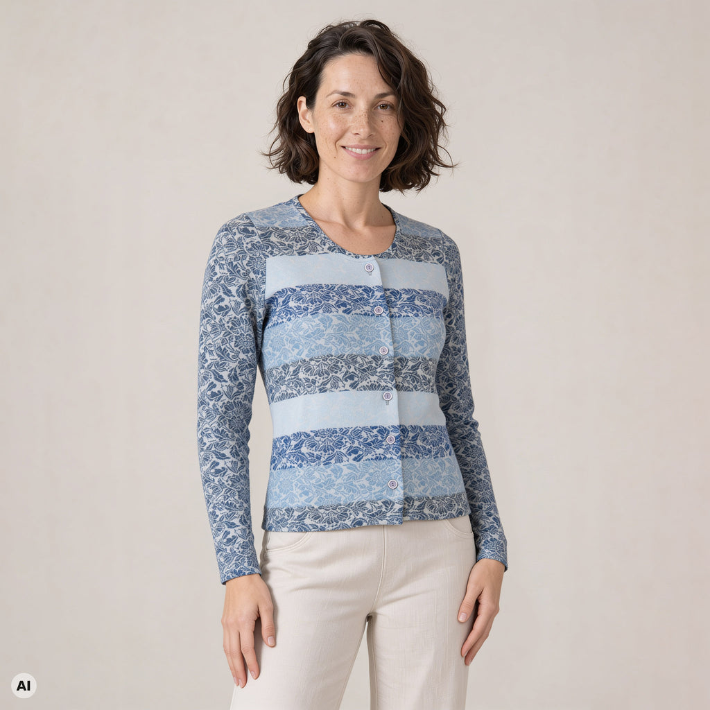 klassische Jacke blau – Vorderansicht, mit KI bearbeitet
