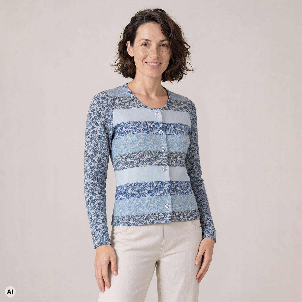 klassische Jacke blau – Vorderansicht, mit KI bearbeitet