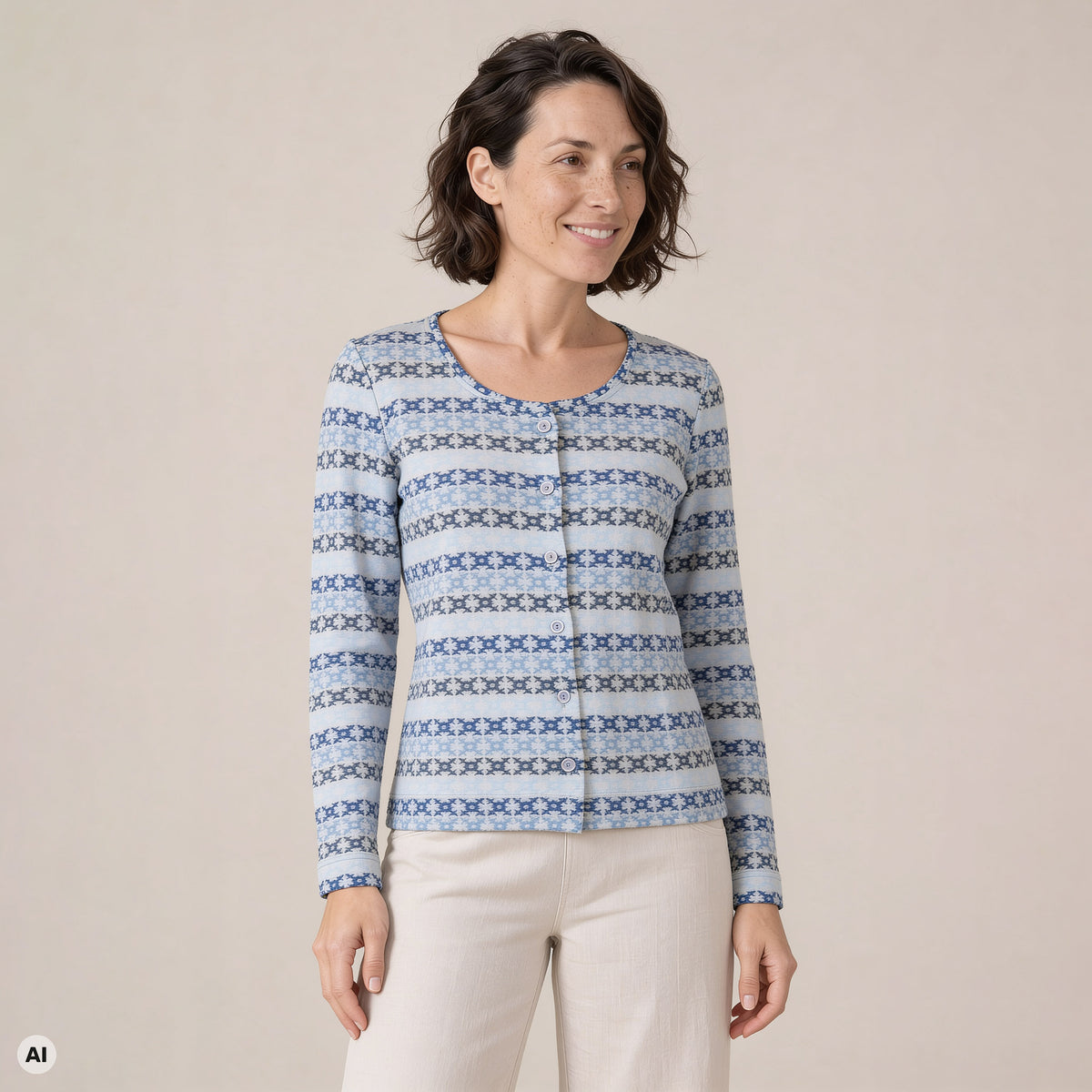 klassische Jacke blau – Vorderansicht, mit KI bearbeitet