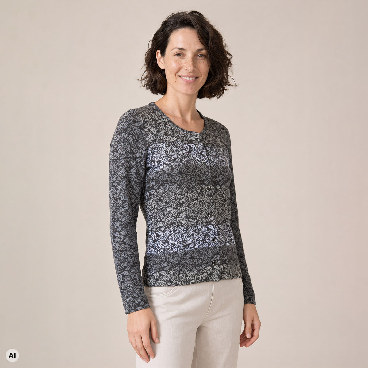 klassische Jacke grau – Vorderansicht, mit KI bearbeitet