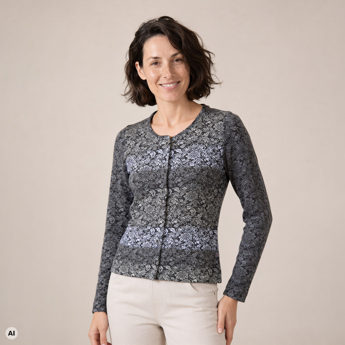 klassische Jacke grau – Vorderansicht, mit KI bearbeitet