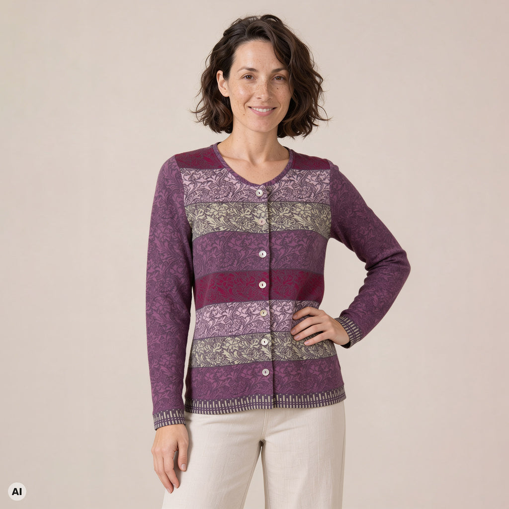 klassische Jacke lila – Vorderansicht, mit KI bearbeitet