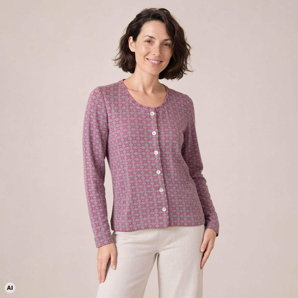 klassische Jacke rosa – Vorderansicht, mit KI bearbeitet