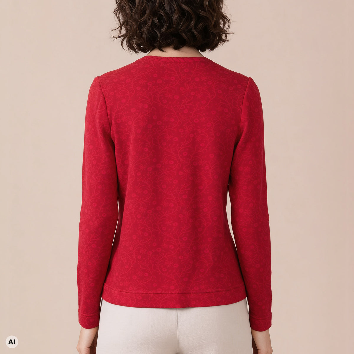 klassische Jacke rot – Rückansicht, mit KI bearbeitet