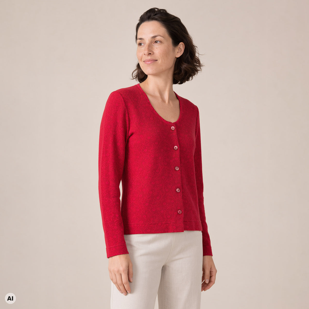 klassische Jacke rot – Vorderansicht, mit KI bearbeitet