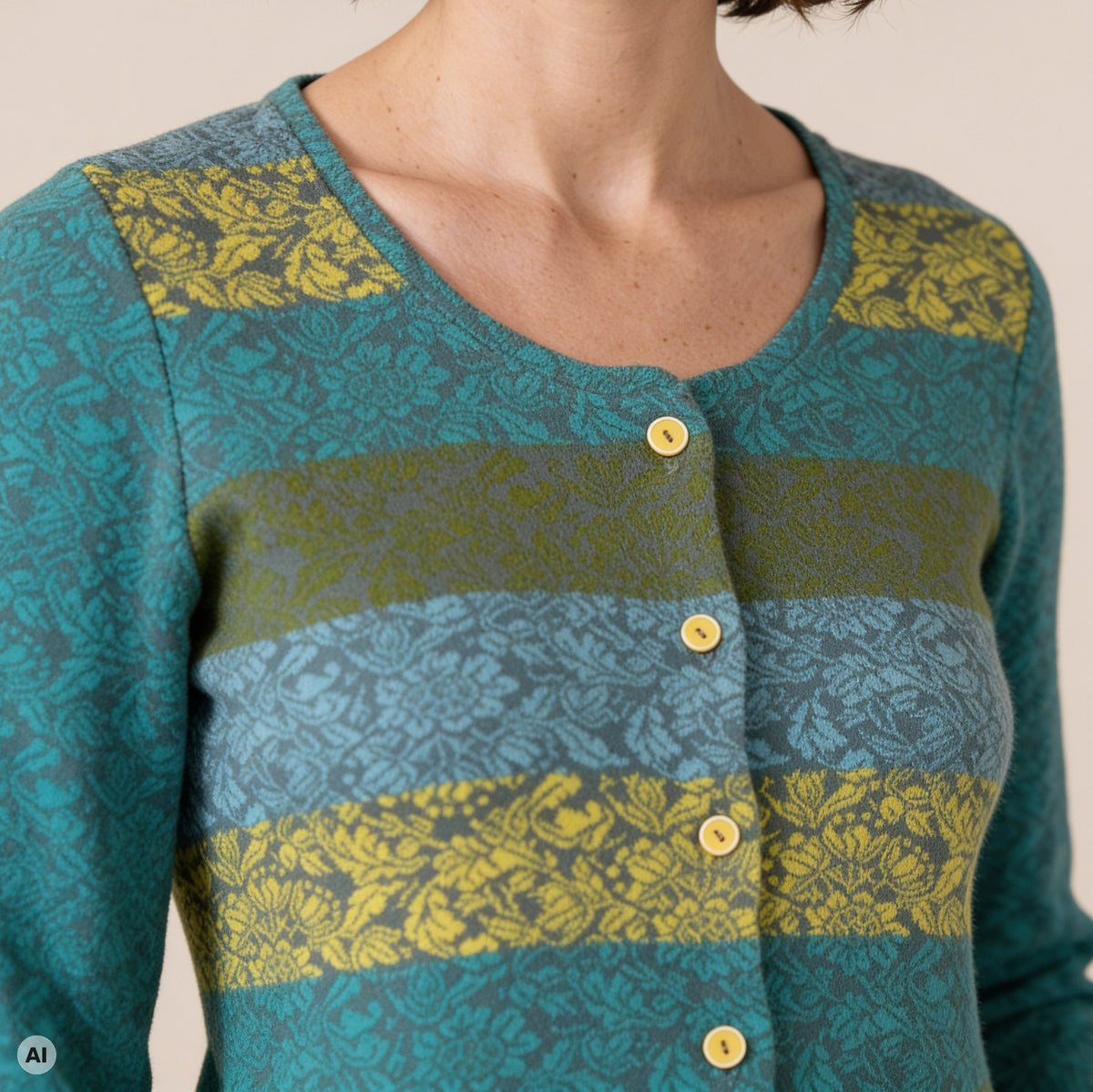 klassische Jacke türkis – Detailansicht, mit KI bearbeitet