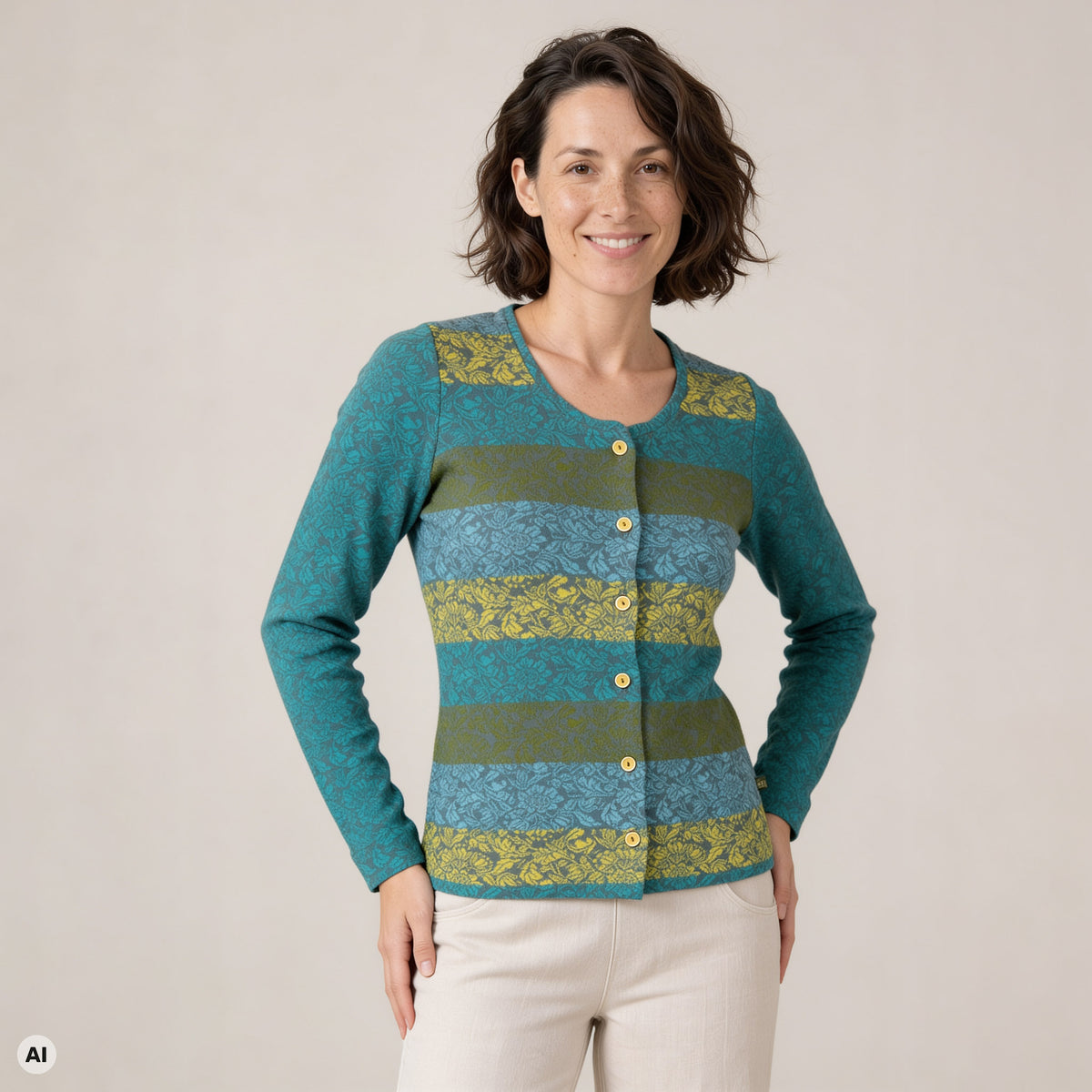 klassische Jacke türkis – Vorderansicht, mit KI bearbeitet