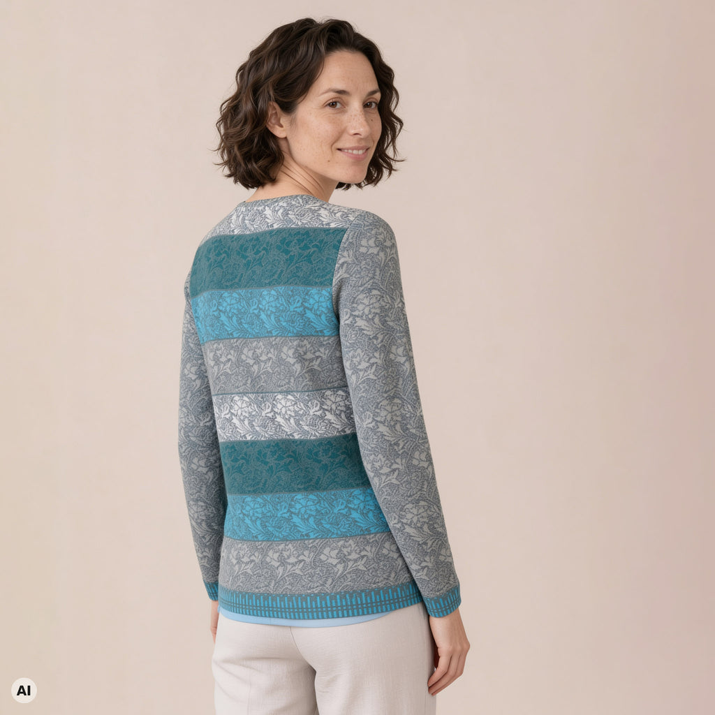 klassische Jacke türkis – Rückansicht, mit KI bearbeitet