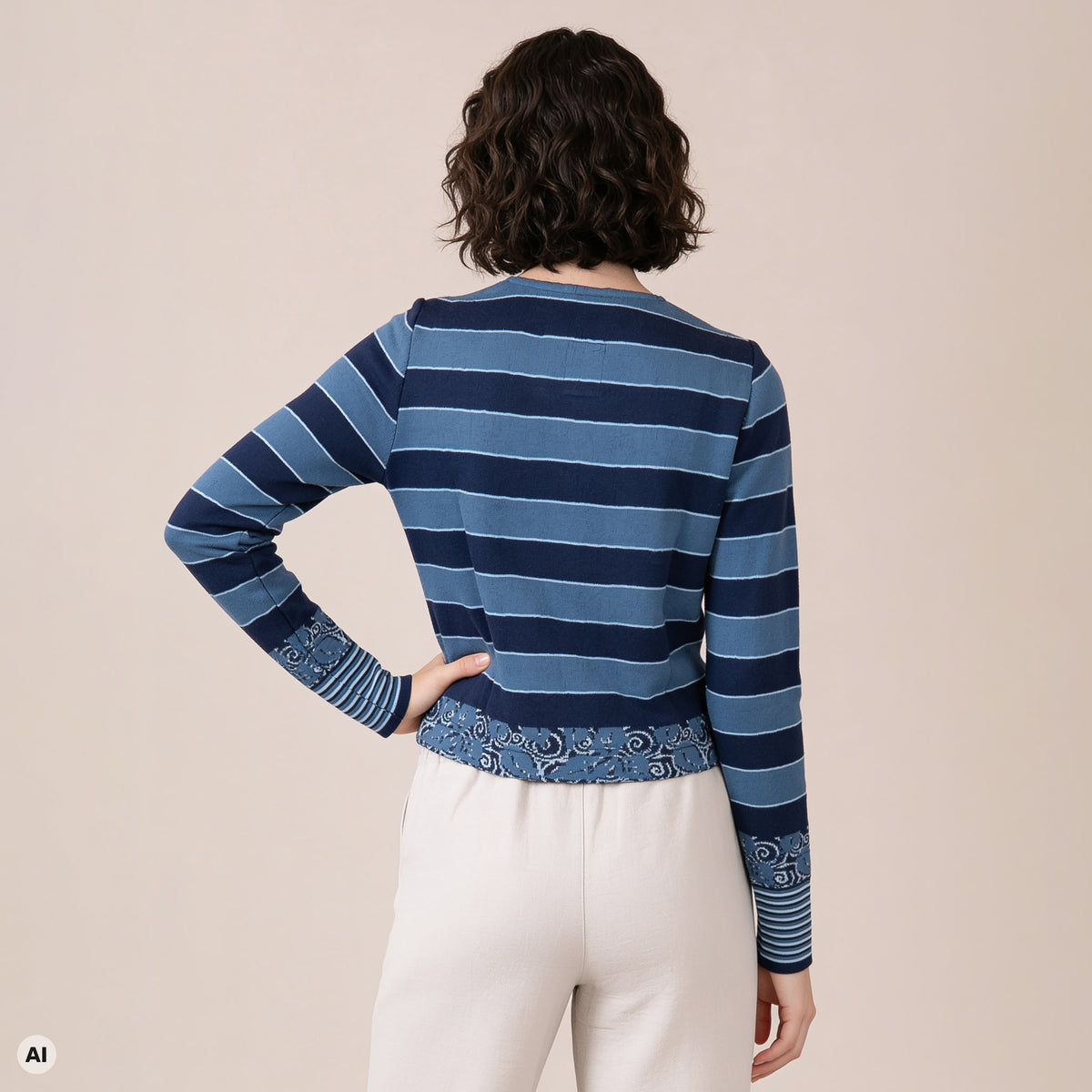klassischer Pullover blau – Rückansicht, mit KI bearbeitet