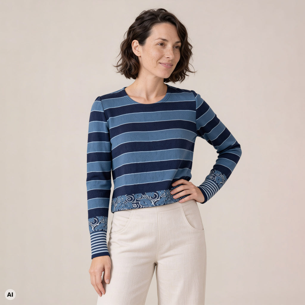 klassischer Pullover blau – Vorderansicht, mit KI bearbeitet