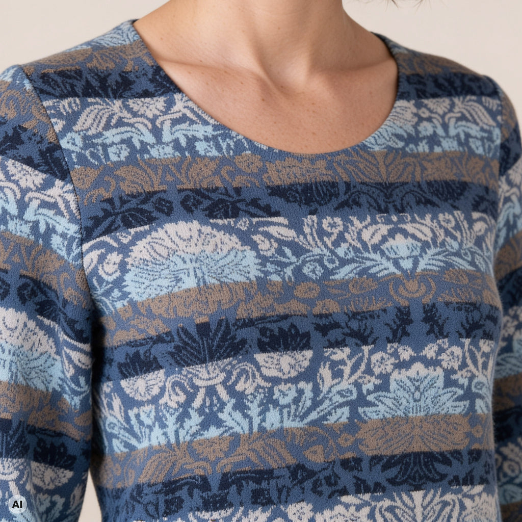 klassischer Pullover blau – Detailansicht, mit KI bearbeitet