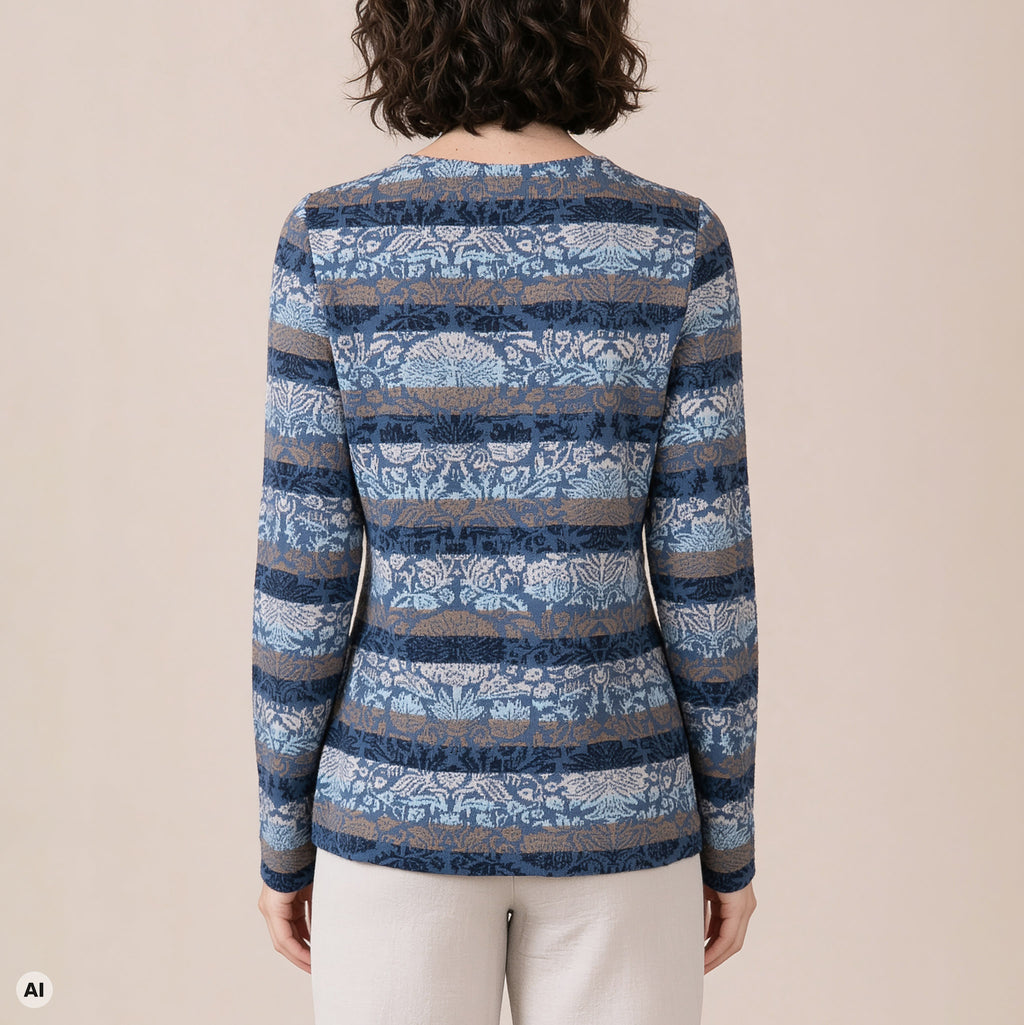 klassischer Pullover blau – Rückansicht, mit KI bearbeitet