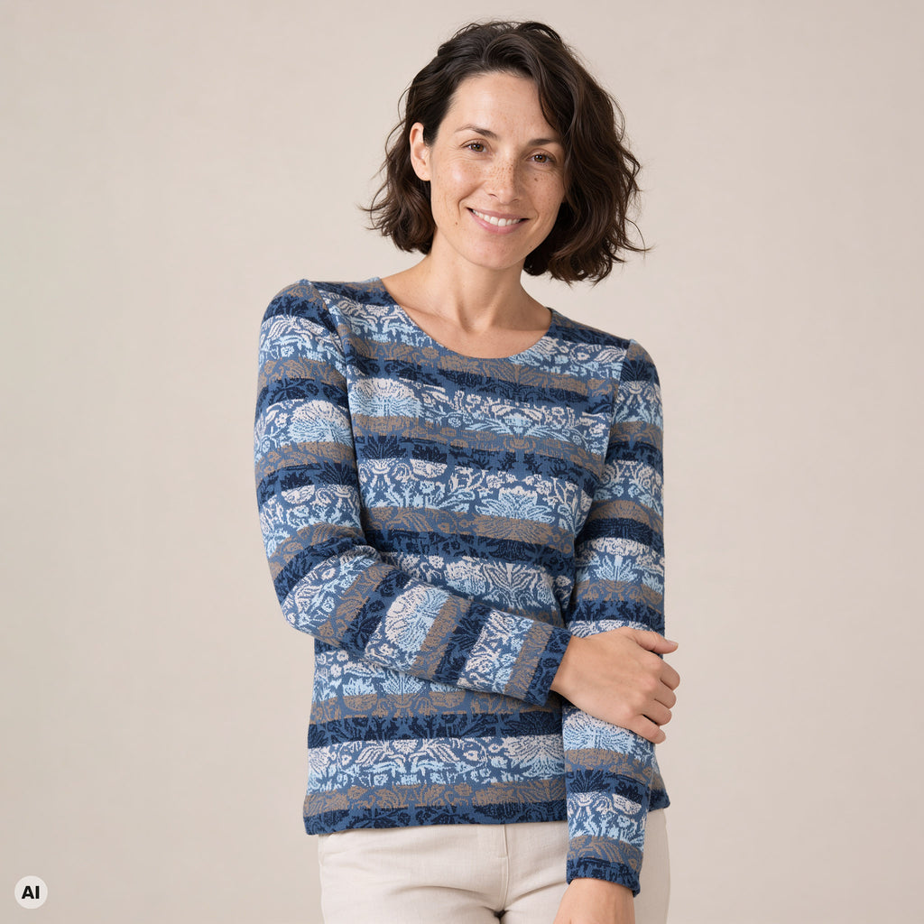 klassischer Pullover blau – Vorderansicht, mit KI bearbeitet