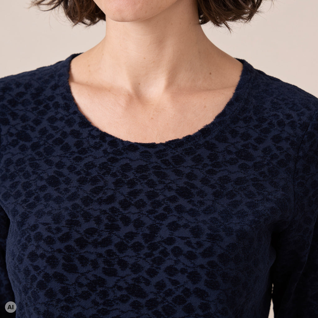 klassischer Pullover blau – Detailansicht, mit KI bearbeitet
