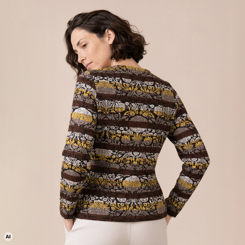 klassischer Pullover braun – Rückansicht, mit KI bearbeitet
