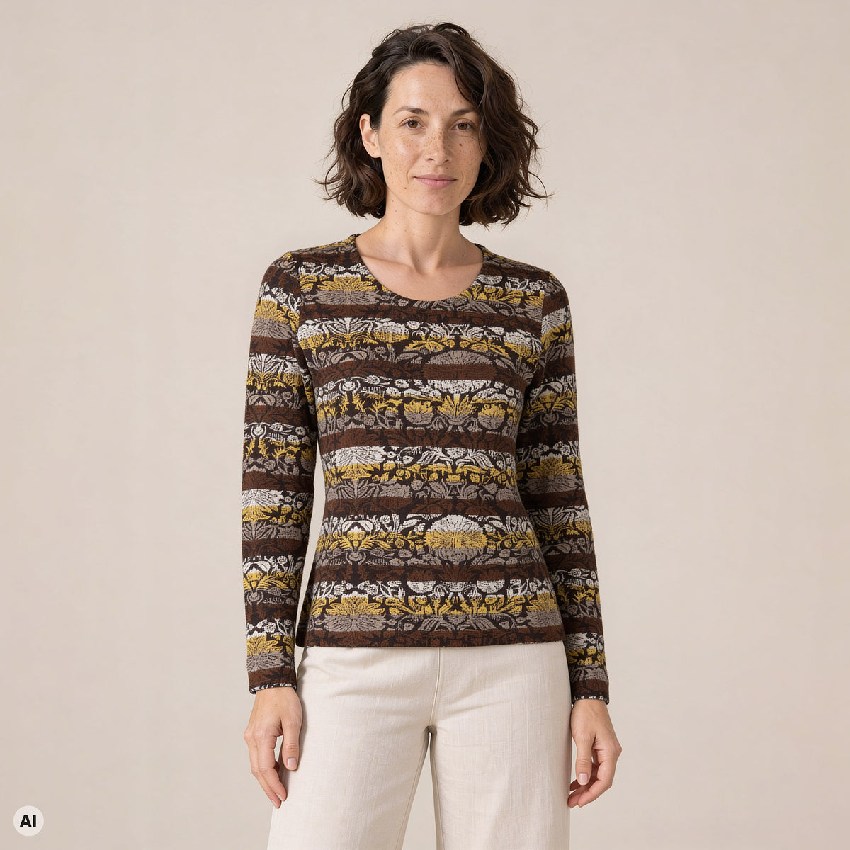 klassischer Pullover braun – Vorderansicht, mit KI bearbeitet