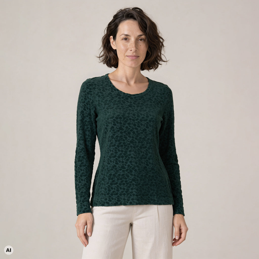 klassischer Pullover grün – Vorderansicht, mit KI bearbeitet