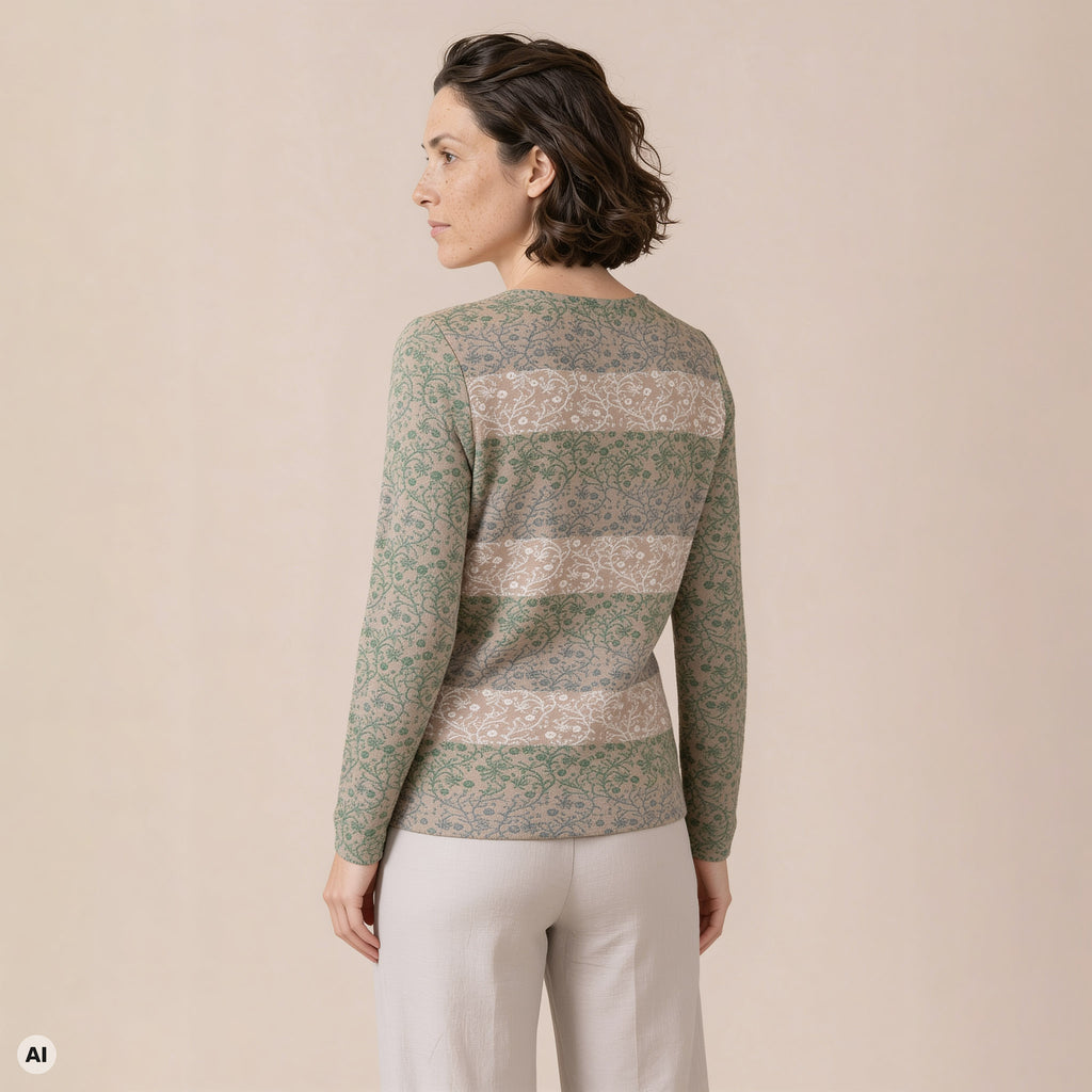 klassischer Pullover natur – Rückansicht, mit KI bearbeitet