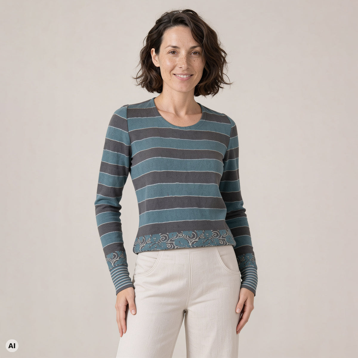klassischer Pullover petrol – Vorderansicht, mit KI bearbeitet