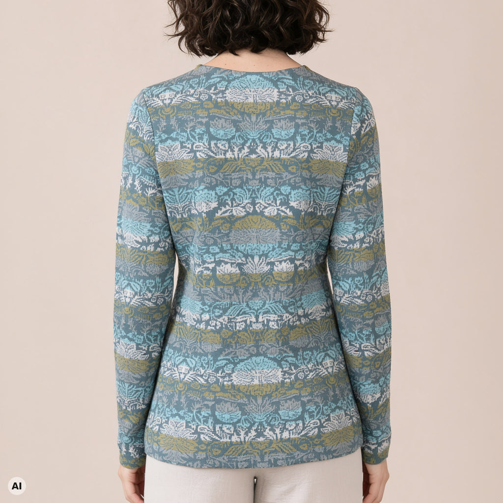 klassischer Pullover petrol – Rückansicht, mit KI bearbeitet