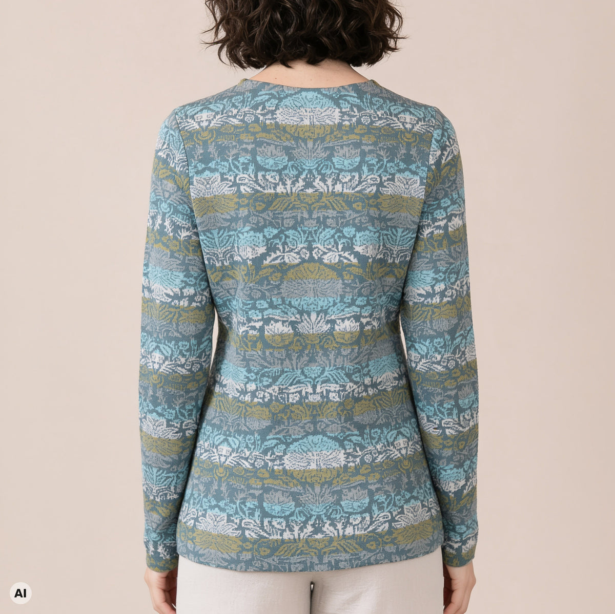 klassischer Pullover petrol – Rückansicht, mit KI bearbeitet