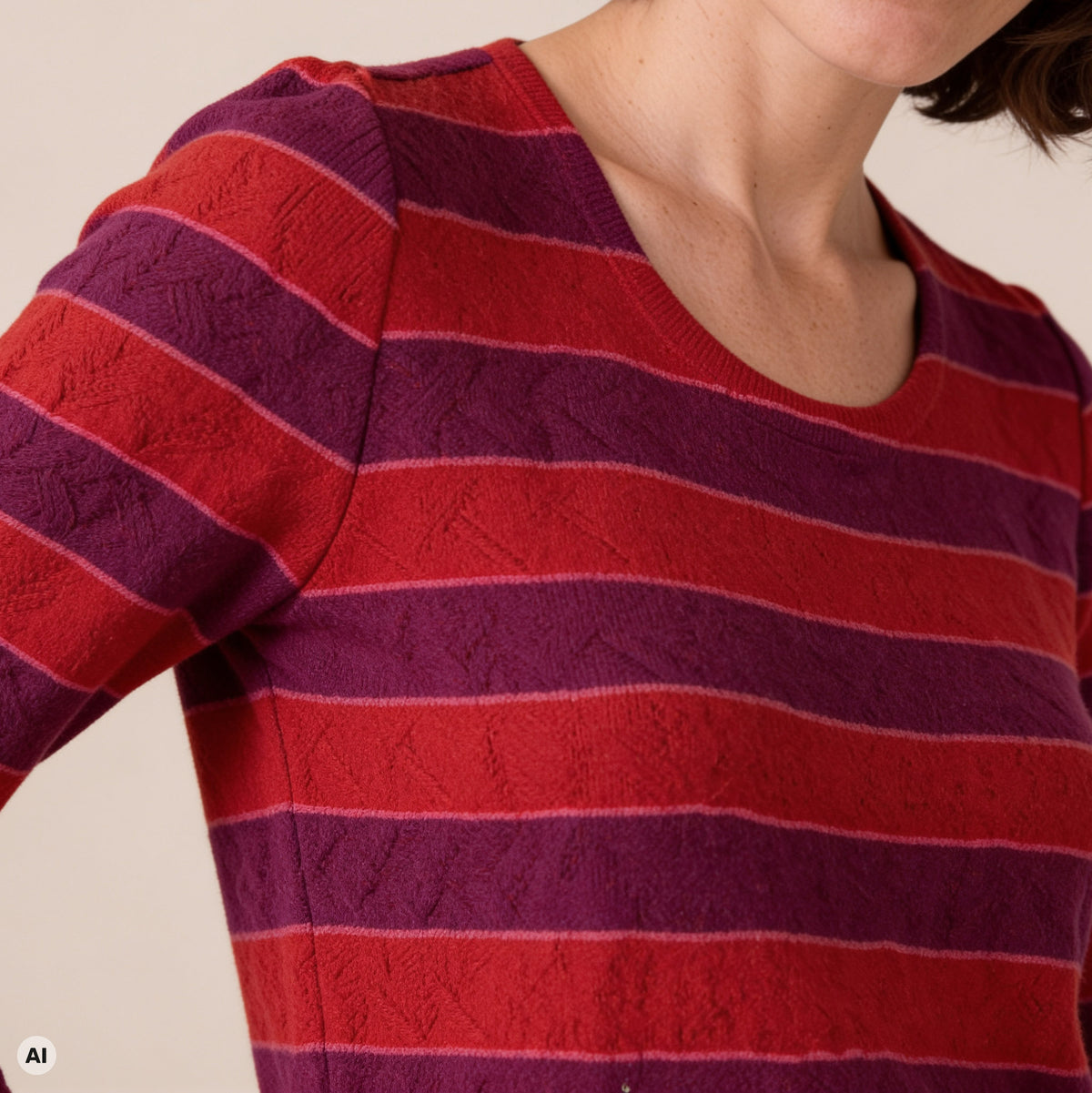 klassischer Pullover rot – Detailansicht, mit KI bearbeitet