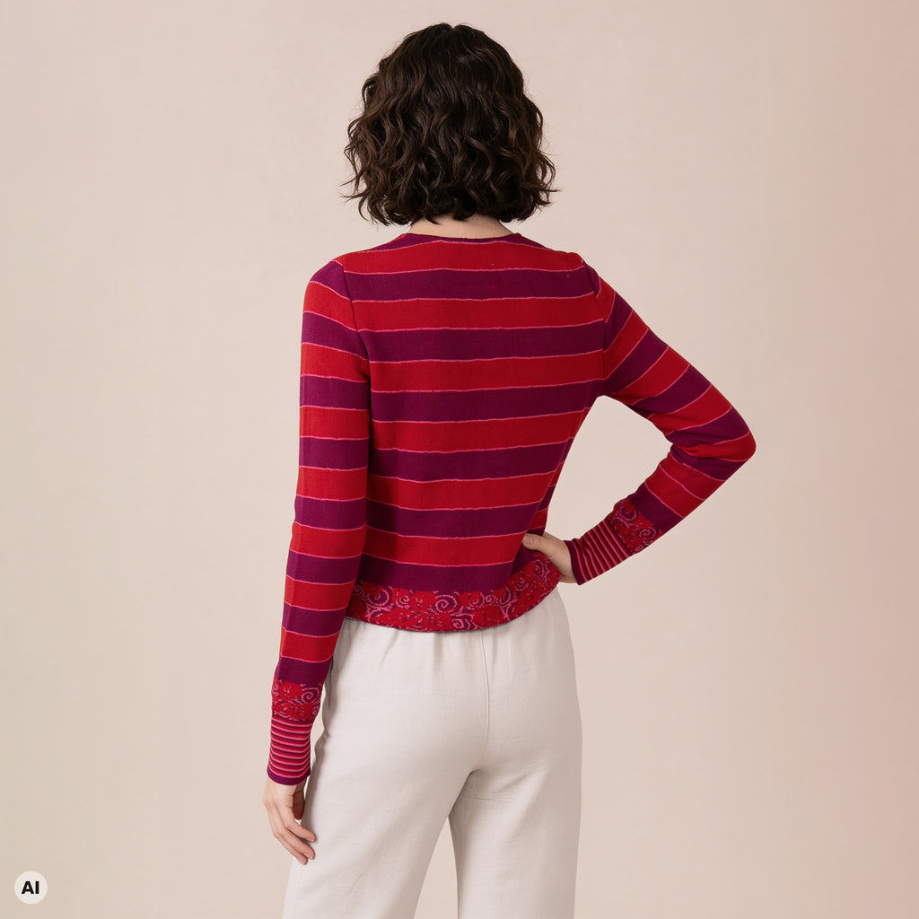 klassischer Pullover rot – Rückansicht, mit KI bearbeitet