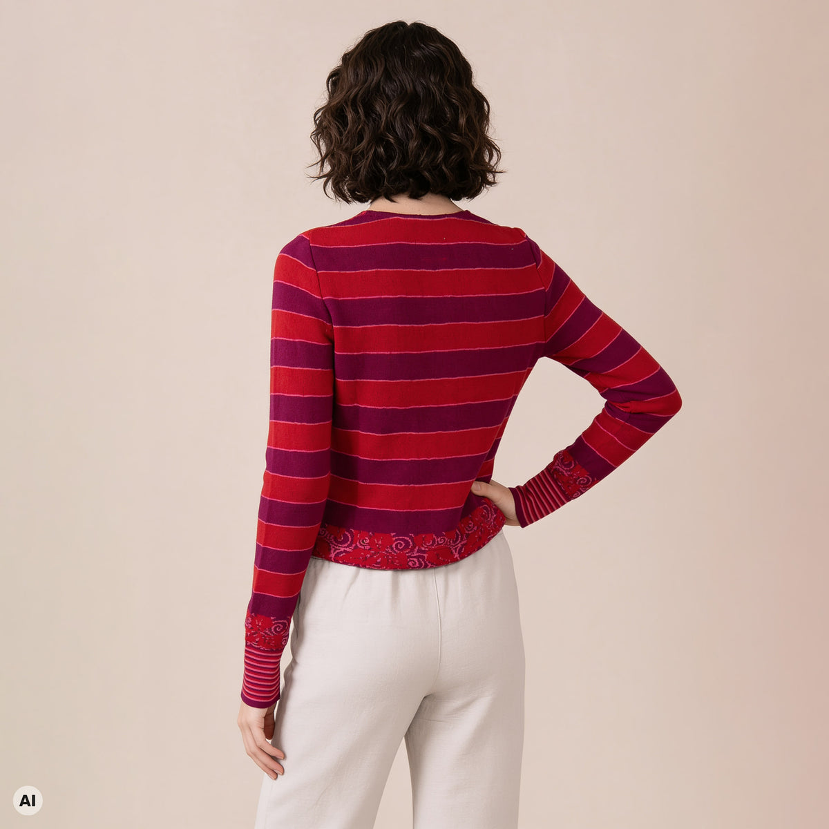 klassischer Pullover rot – Rückansicht, mit KI bearbeitet