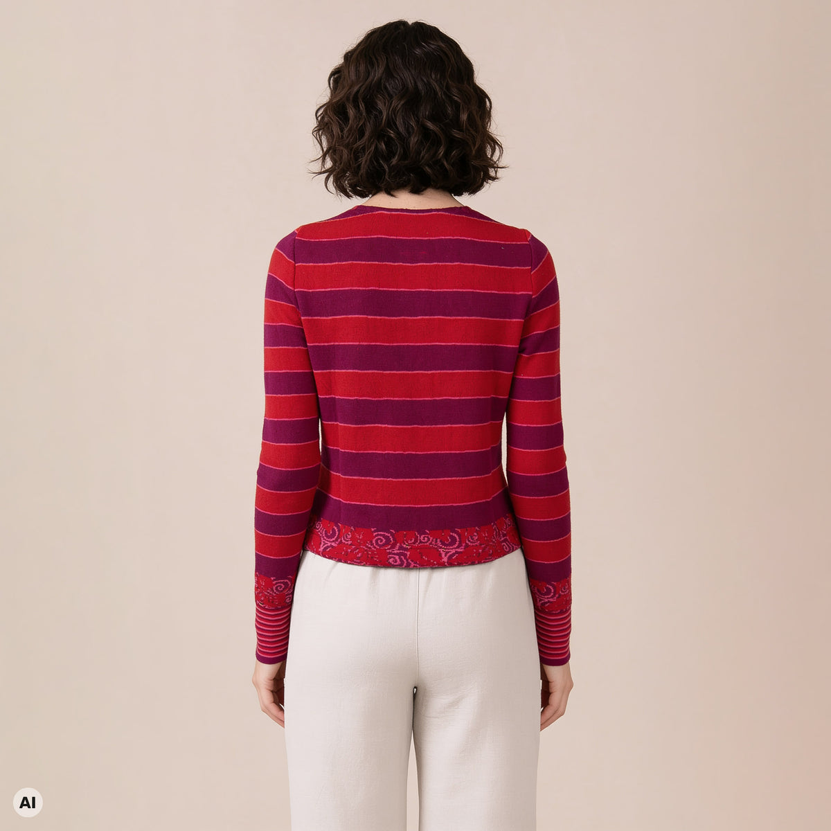 klassischer Pullover rot – Rückansicht, mit KI bearbeitet