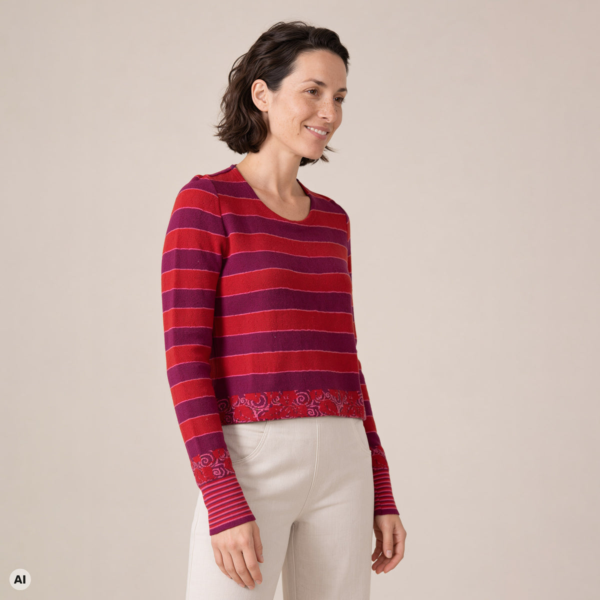 klassischer Pullover rot – Vorderansicht, mit KI bearbeitet