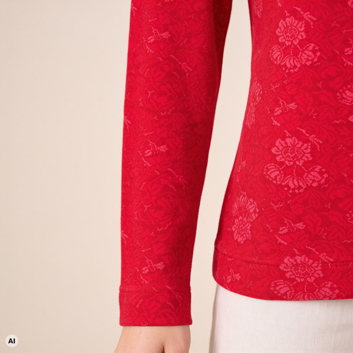 klassischer Pullover rot – Detailansicht, mit KI bearbeitet
