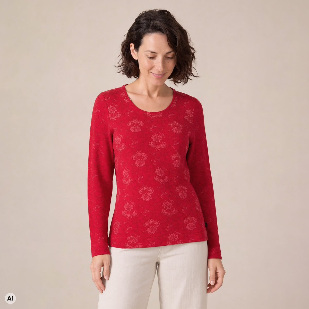 klassischer Pullover rot – Vorderansicht, mit KI bearbeitet