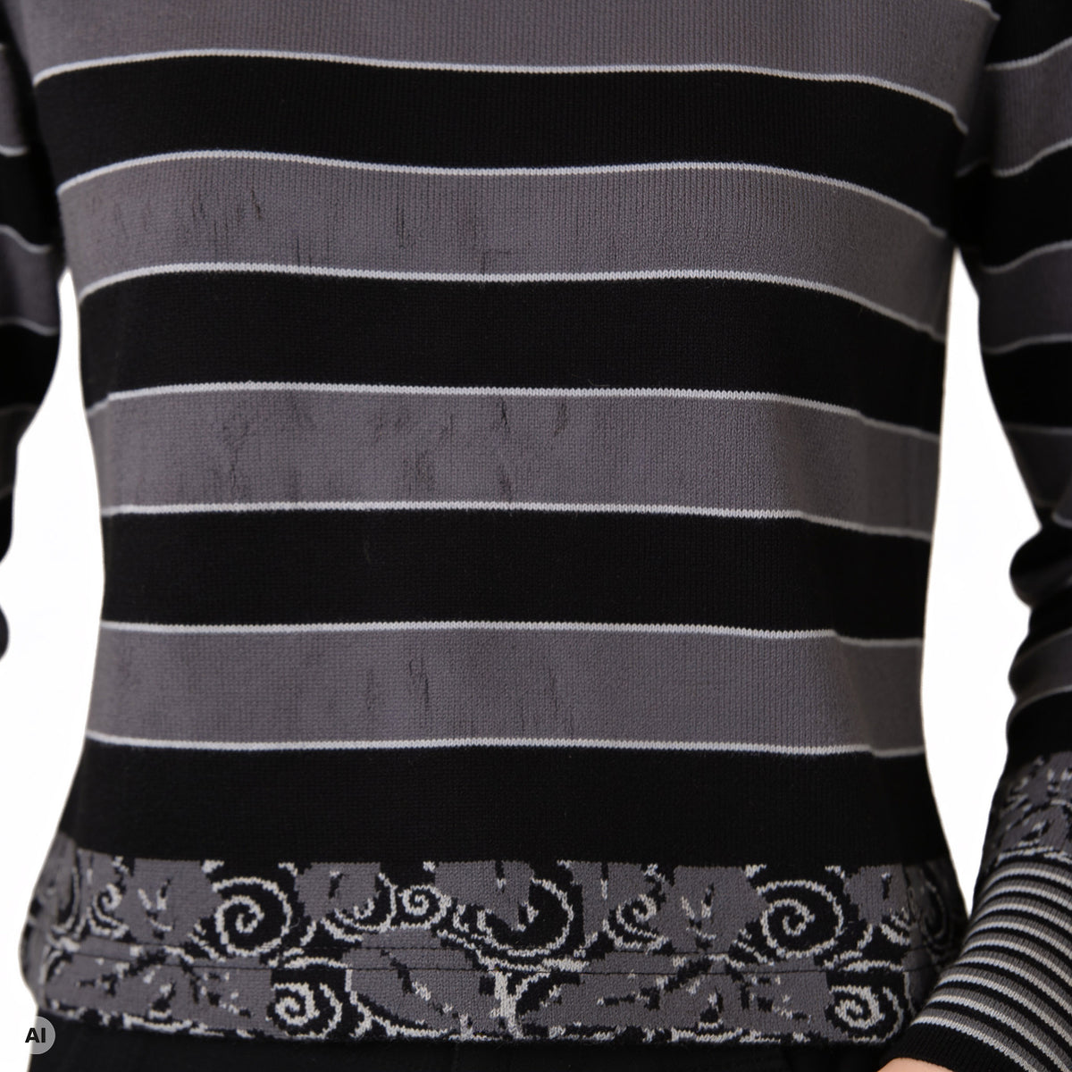 klassischer Pullover schwarz – Detailansicht, mit KI bearbeitet
