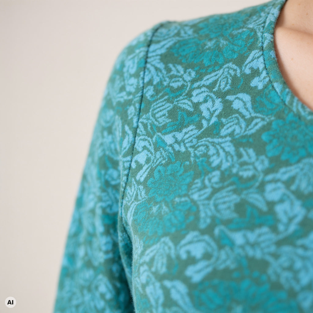 klassischer Pullover türkis – Detailansicht, mit KI bearbeitet