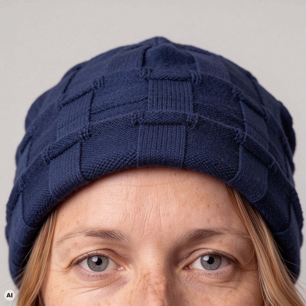 Mütze blau – Detailansicht, mit KI bearbeitet