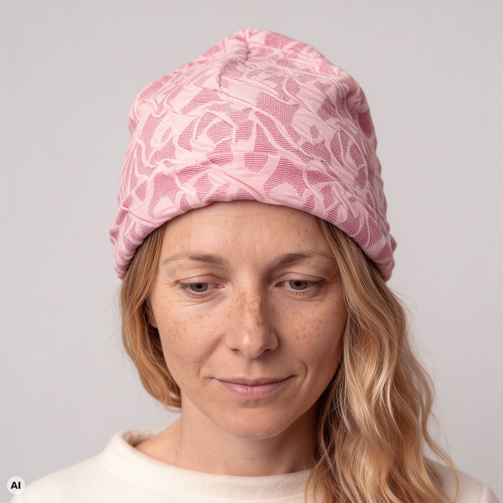Mütze rosa – Detailansicht, mit KI bearbeitet