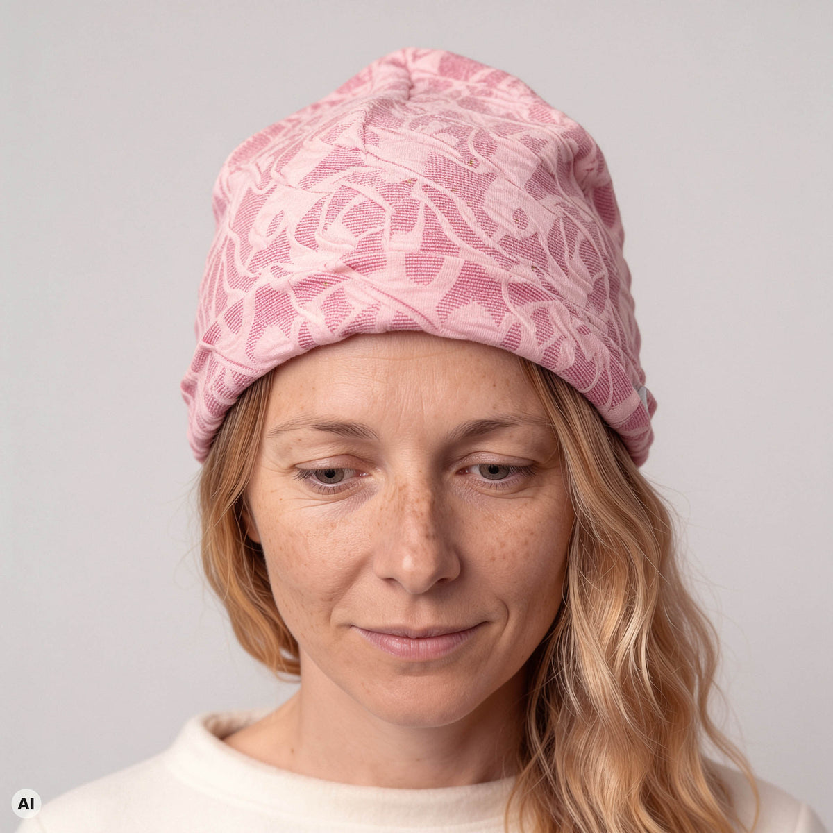Mütze rosa – Detailansicht, mit KI bearbeitet