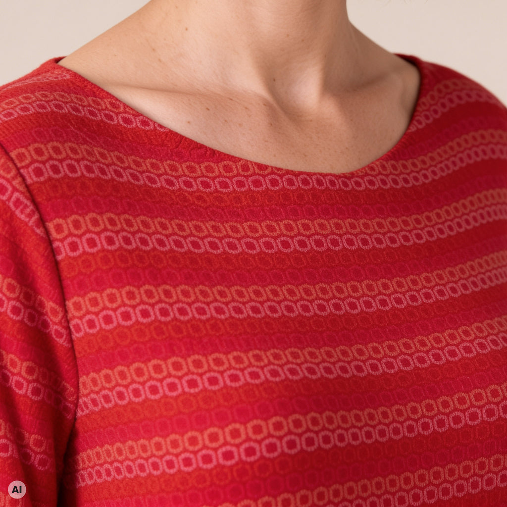 O-Kleid rot – Detailansicht, mit KI bearbeitet