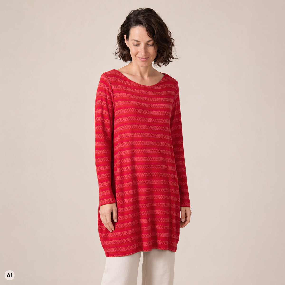O-Kleid rot – Vorderansicht, mit KI bearbeitet